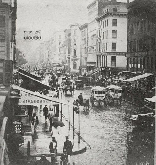 Stereoscopic View Of Along Broadway, During Rainy Weather, New Y