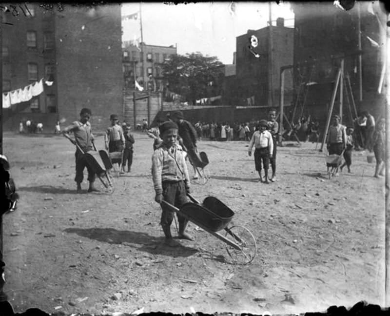 Children’s Playground In Poverty Gap. Young Boys Play At A City Playground, New York, 1888.