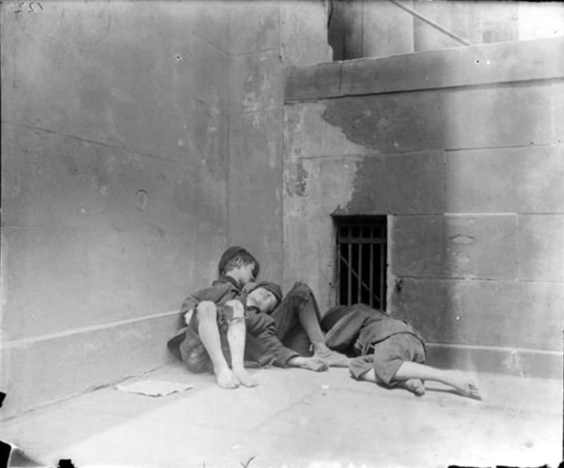 Homeless Newsboys Sleep Huddled In A Corner Outside The Mulberry Street Church, 1890.