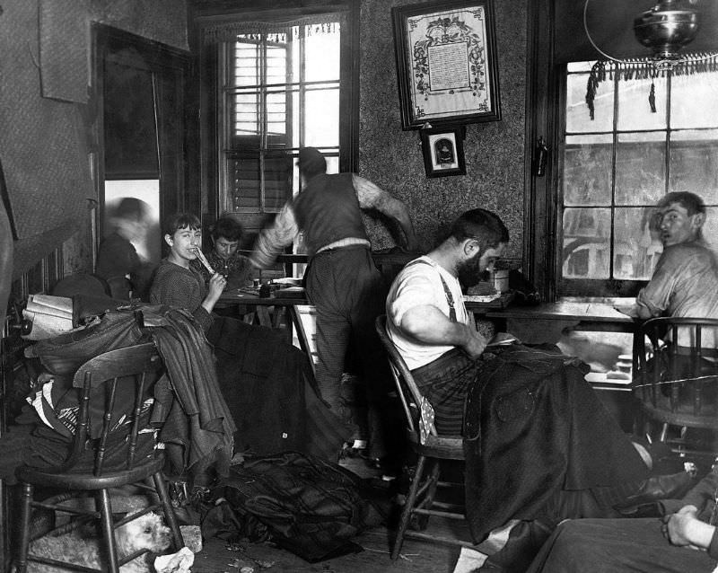 Interior Of A Pantmaker’s Workshop (Sweatshop) On New York City’s Lower East Side, Ludlow Street, 1890.