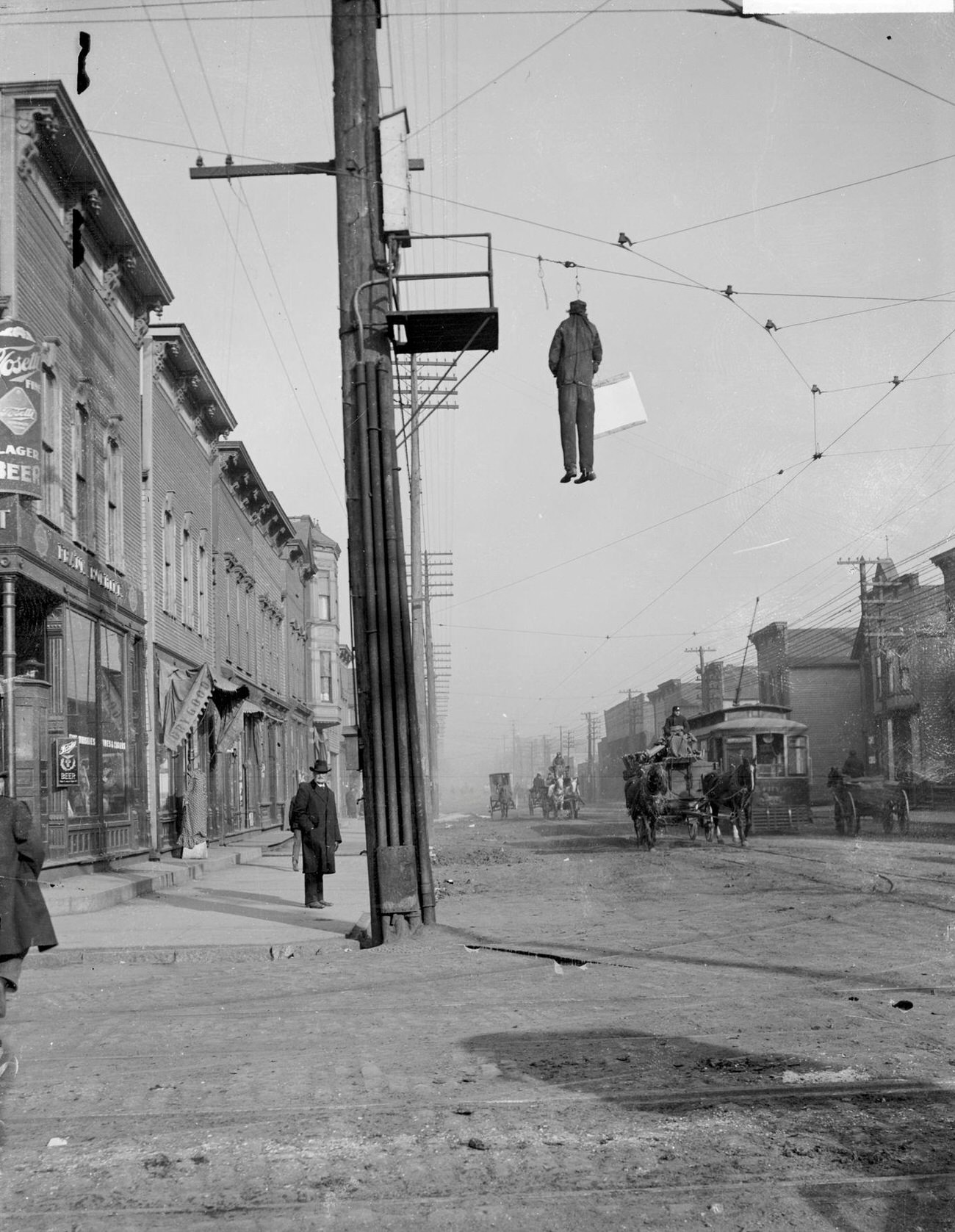 Effigy Of Frank Curry, Strike-Breaker, Hanging Over 42Nd Street And Wentworth Avenue During The Chicago City Railway Strike, Chicago, Illinois, November 19, 1903.