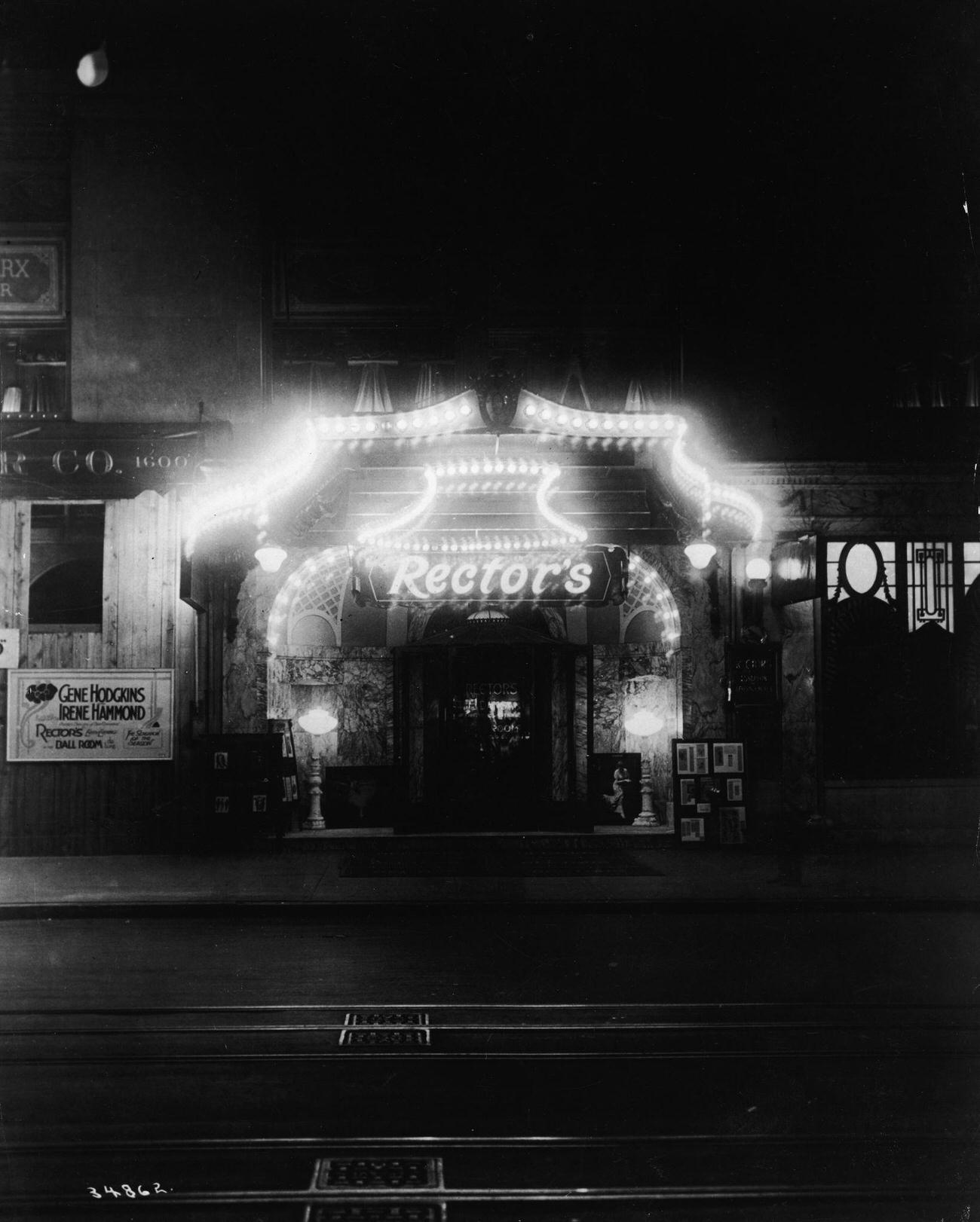 Rector'S Restaurant With Its Entrance Illuminated At Night, On 42Nd Street In New York City, 1900S