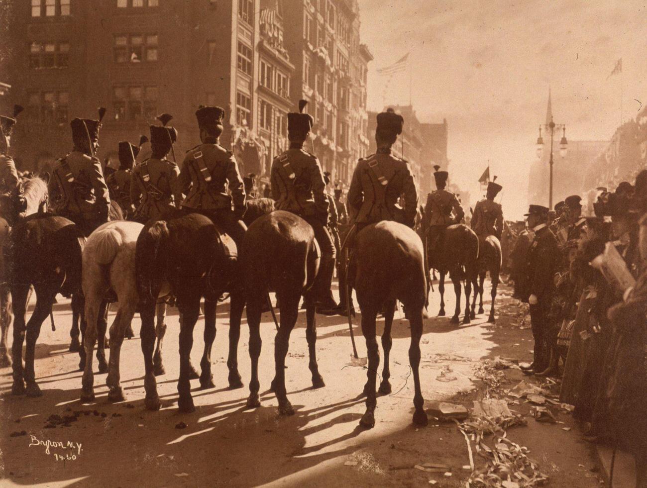 View Of Members Of Squadron A Riding On Horseback During The Parade For Us Naval Hero George Dewey, In Front Of The Croton Distributing Reservoir At Fifth Avenue And 42Nd Street, 1898