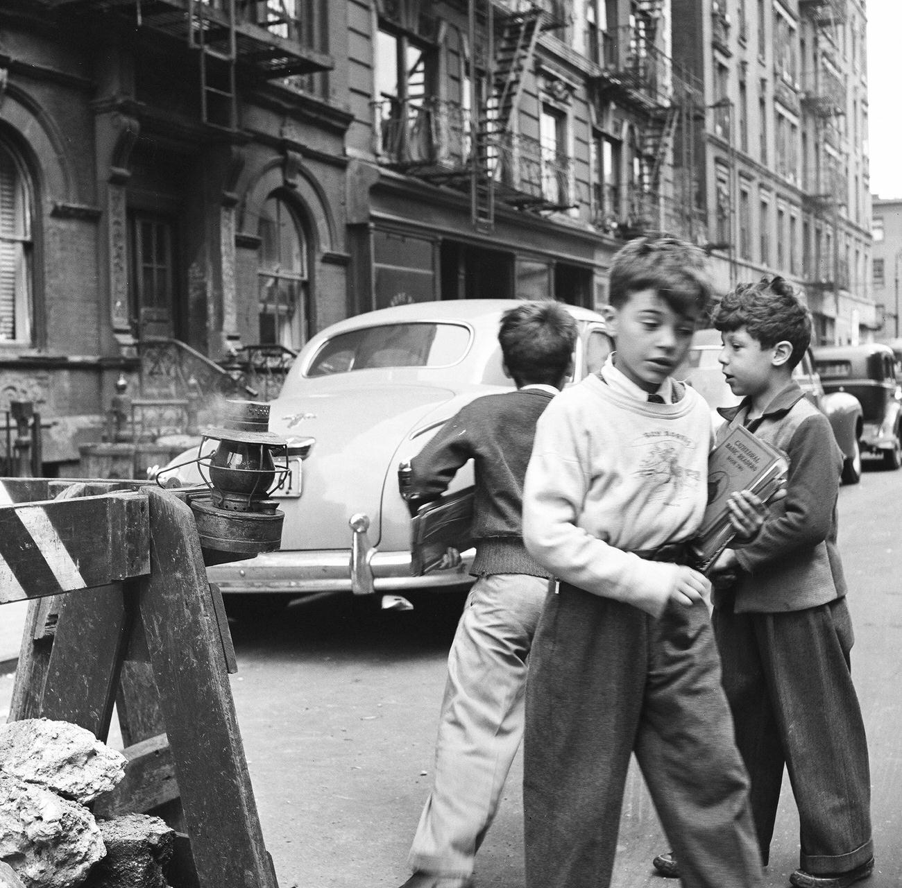 A Trio Of Young Boys Play Beside A Road Construction Site On Flatbush Avenue, Brooklyn, 1948