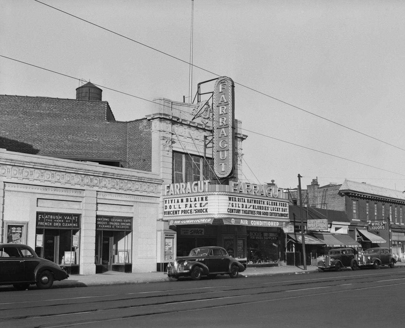 The Farragut Theatre At 1401 Flatbush Avenue In Brooklyn, 1946. The Movies Showing Are 'Doll Face' Starring Vivian Blaine, 'Shock' Starring Vincent Price, And 'Gilda' Starring Rita Hayworth And Glenn Ford.