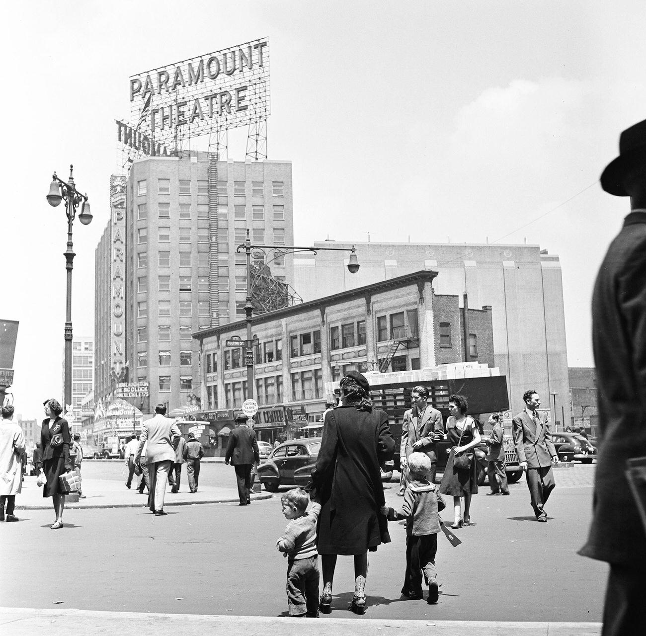 The Intersection Of Fulton Street And Flatbush Avenue, Towards The Paramount Theatre, Brooklyn, New York, New York, 1948.