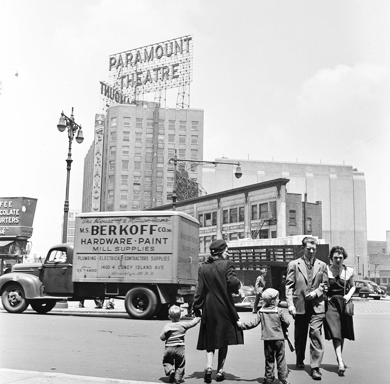Looking North Across The Intersection Of Fulton Street And Flatbush Avenue, Towards The Paramount Theatre, Brooklyn, 1948
