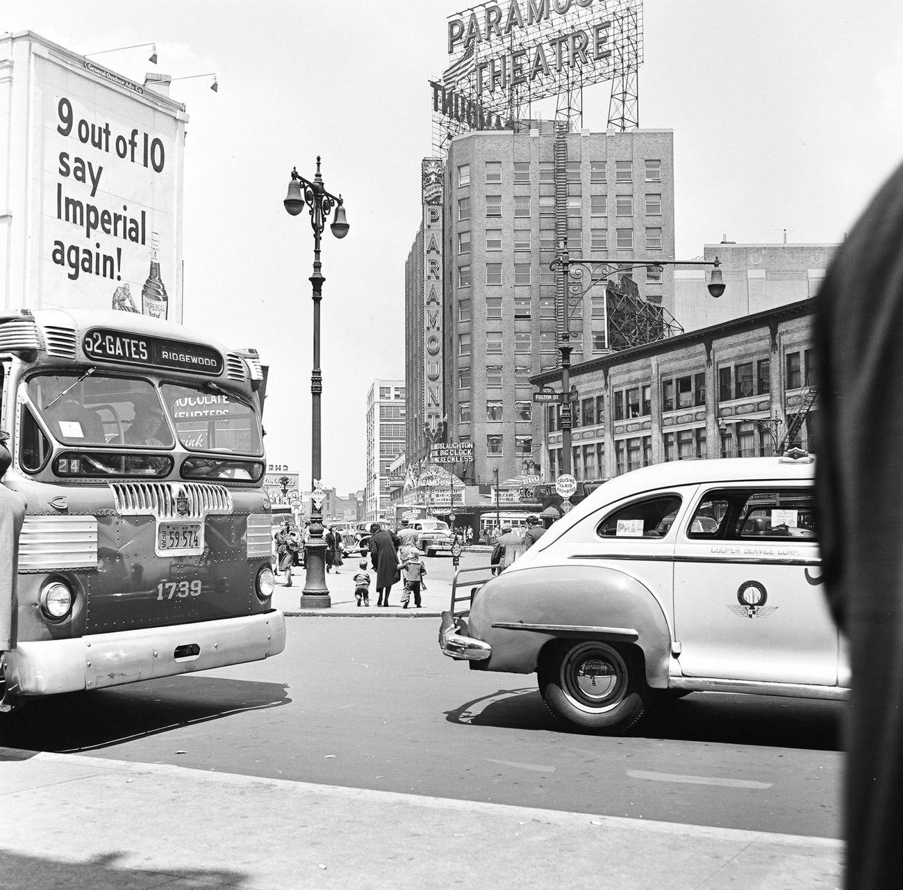 Views, Looking North Across The Intersection Of Fulton Street And Flatbush Avenue, Towards The Paramount Theatre, Brooklyn, 1948