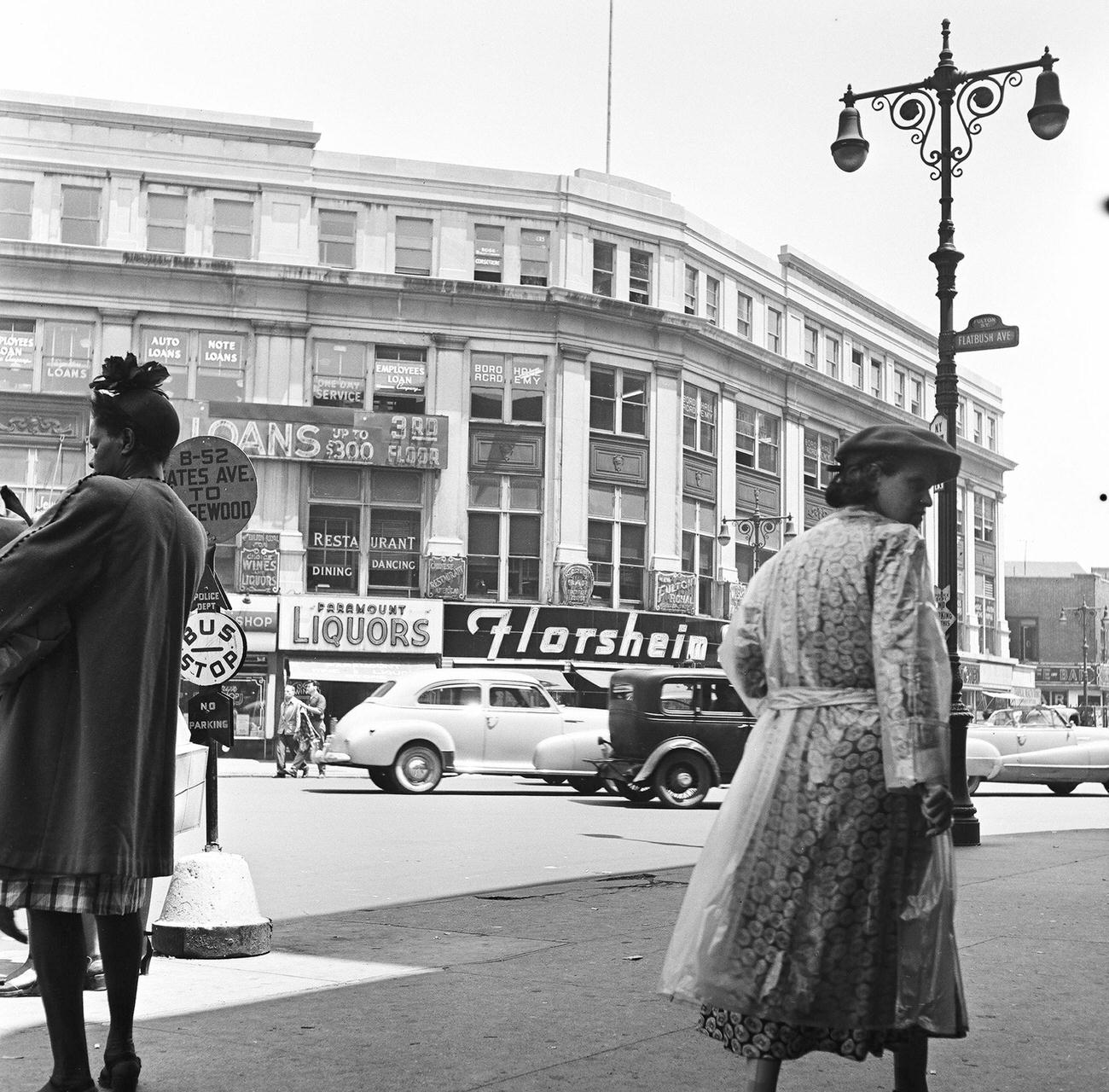 View Of Across The Intersection Of Fulton Street And Flatbush Avenue, Brooklyn, New York, New York, 1948. Visible On The Ground Floor Is The New Royal Chinese And American Restaurant