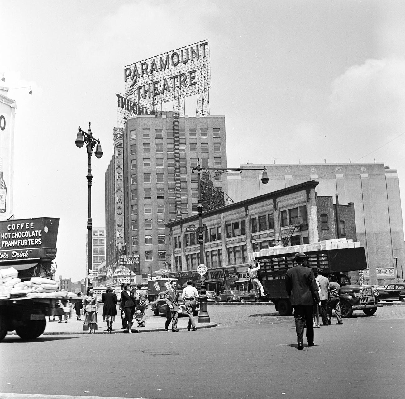 Looking North Across The Intersection Of Fulton Street And Flatbush Avenue, Towards The Paramount Theatre, Brooklyn, 1948