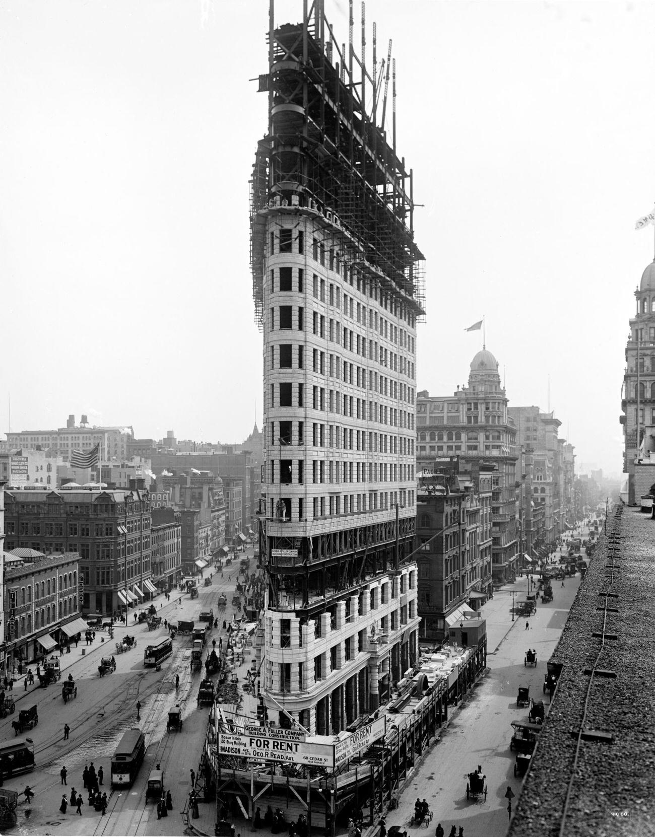 View, Looking South, Of The Flatiron Building, Or The Fuller Building, Under Construction In New York City, 1902.