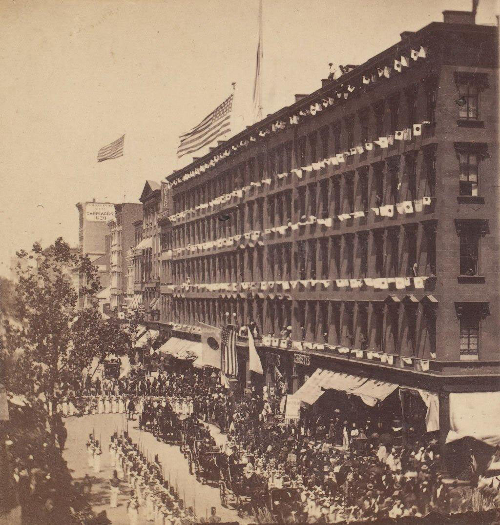 The Embassy Leave The Metropolitan For The City Hall, The Seventh Regiment Form A Hollow Square With The Carriages Of The Embassy In The Middle, 1860.