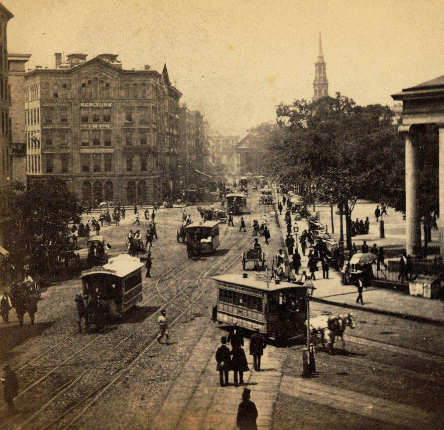 Stereoscopic View Of A Street Scene Entitled 'Park Row From Tyron Row; City Hall Park On The Right, 1860S.