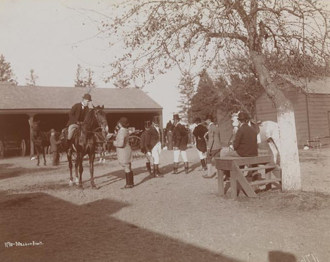 Men And Horses Near A Carriage House At Meadow Brook'S Richmond Club In Staten Island.
