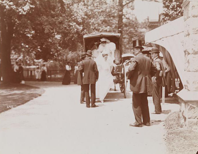 The Bride Or A Bridesmaid Getting Out Of A Horse-Drawn Carriage In Front Of The Church At The Cameron-Fleming Wedding In Staten Island, 1890S