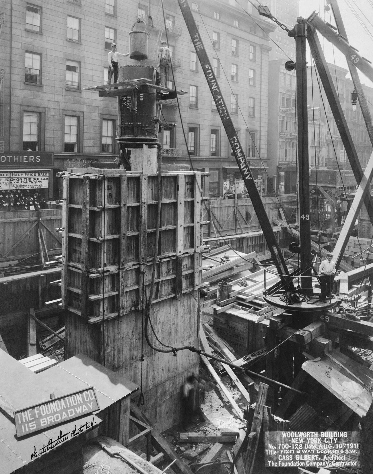 Concrete Is Poured Into One Of The Massive Columns Supporting The Superstructure Of The Woolworth Building In New York City, 10Th August 1910. The View Is From Broadway, Looking Southwest.