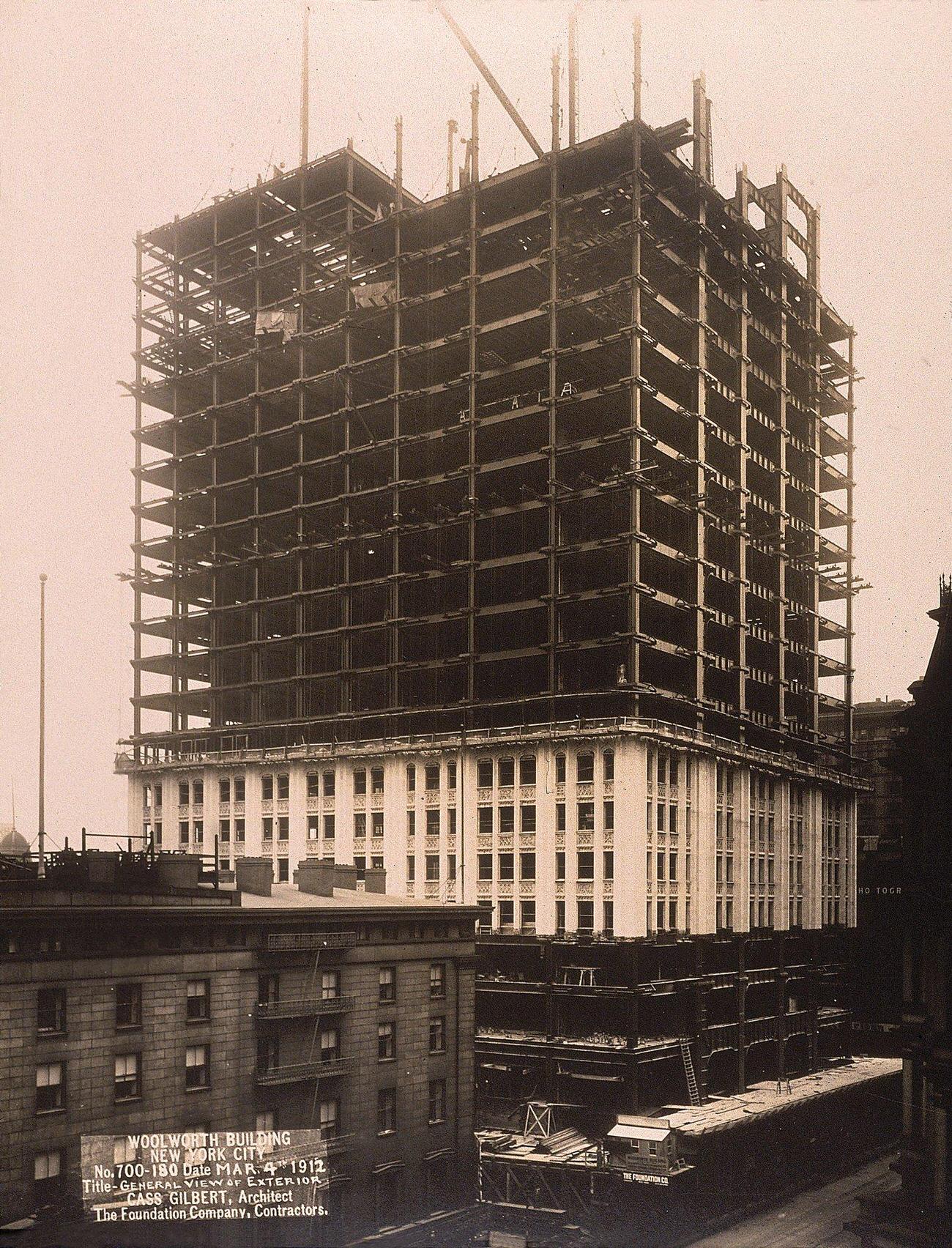 The Woolworth Building, Designed By Cass Gilbert, Under Construction, 4Th March 1912. The 792Ft Construction Remained The City'S Tallest Building Until 1930.