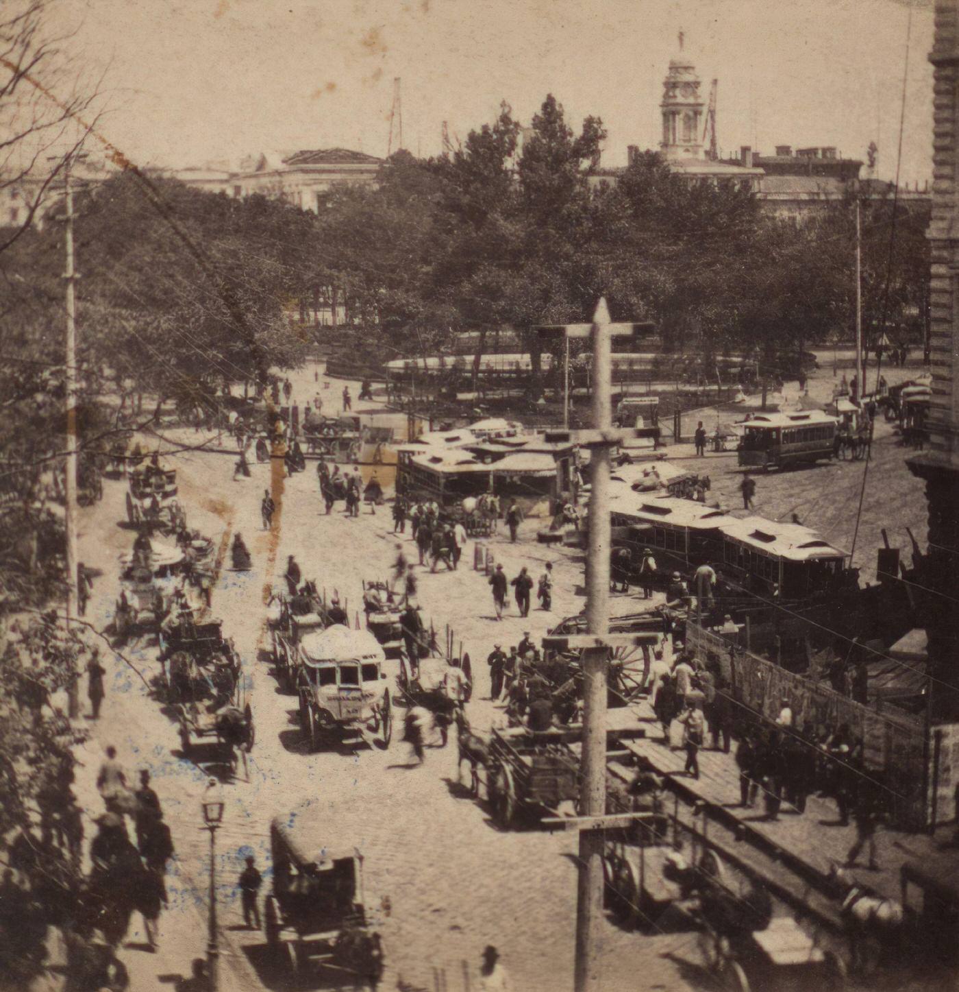 Looking North From Fulton Street Showing Broadway And City Hall Park, Manhattan, 1860