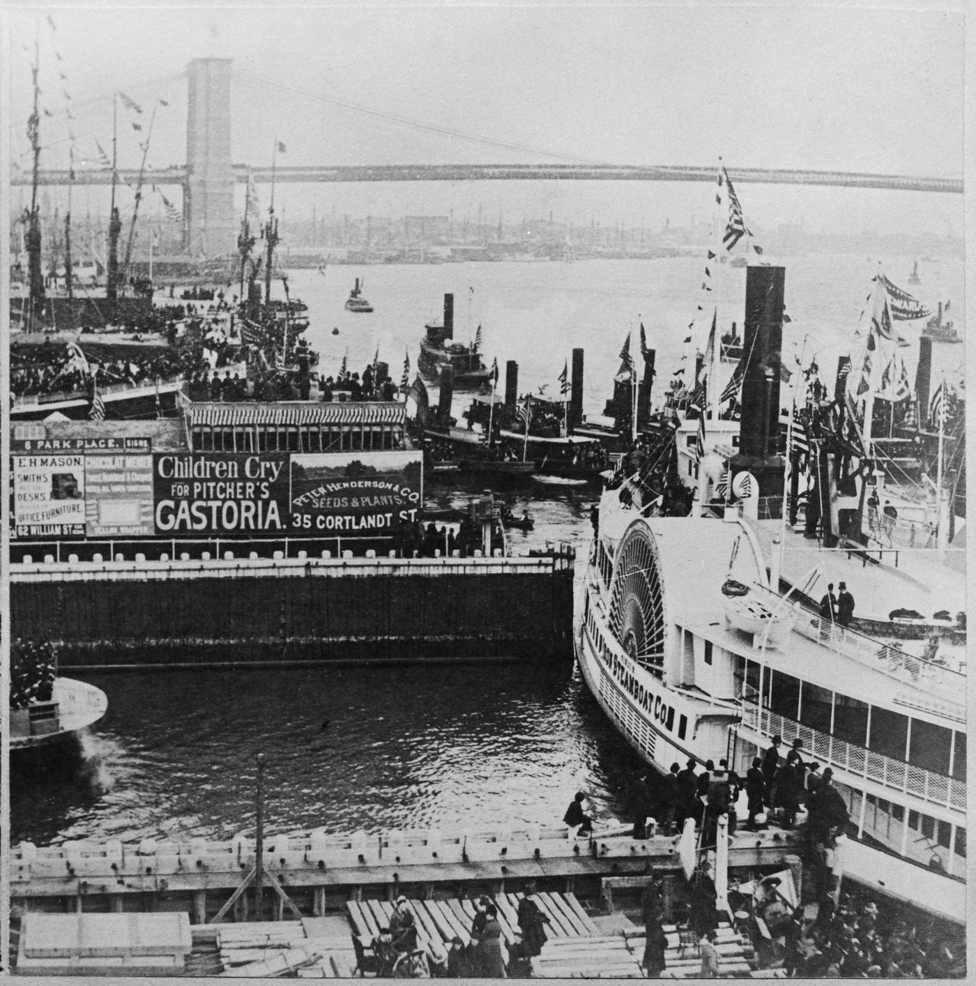 Passengers Boarding A Steamboat At The Foot Of Wall Street, East River, Manhattan, New York City, 1889