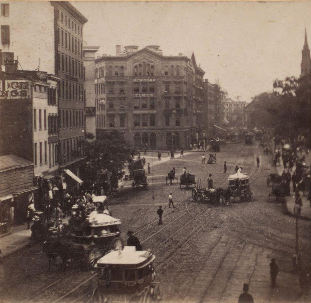 Park Row From Tryon Row, City Hall Park, Times Building, St. Paul'S Church, Manhattan, New York City, 1870