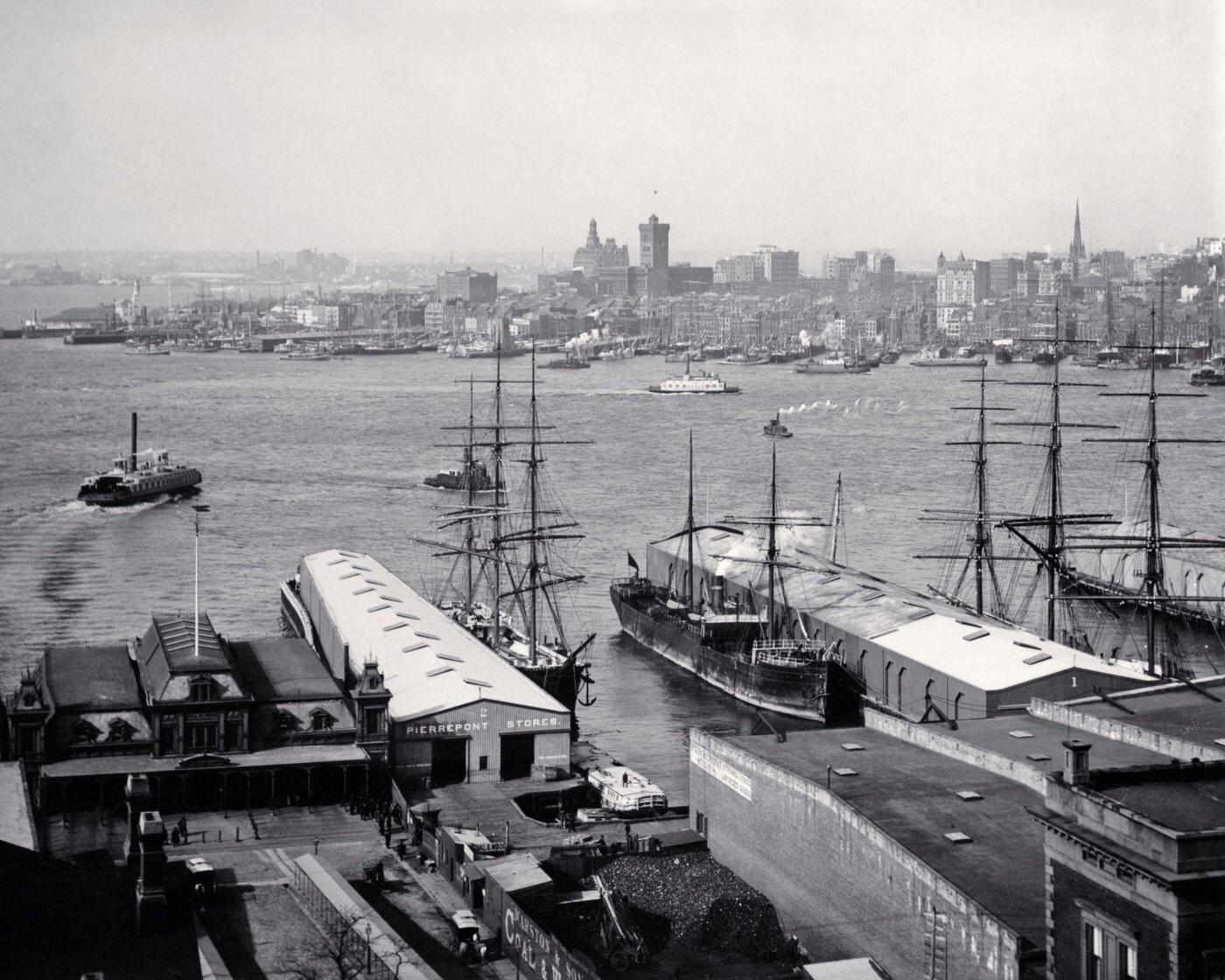 Downtown Manhattan Seen From Brooklyn Docks, East River Flowing Into New York Harbor, New York City, 1880