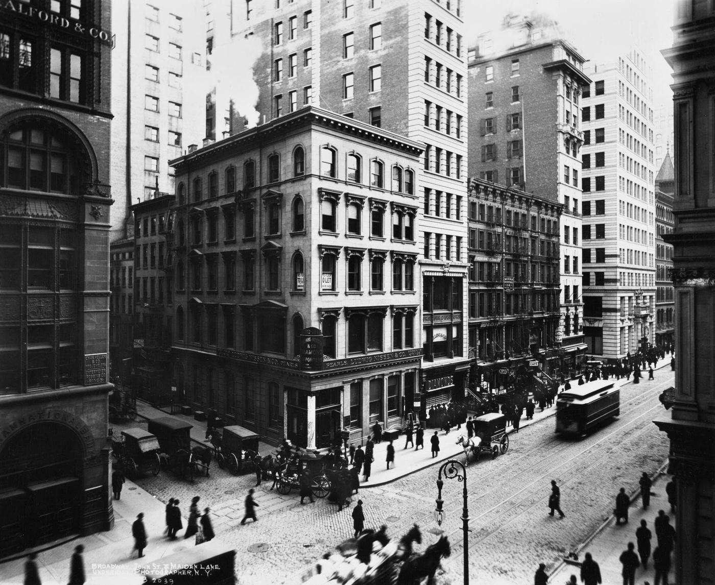 View Of Broadway, John Street And Maiden Lane, New York City, 1898.