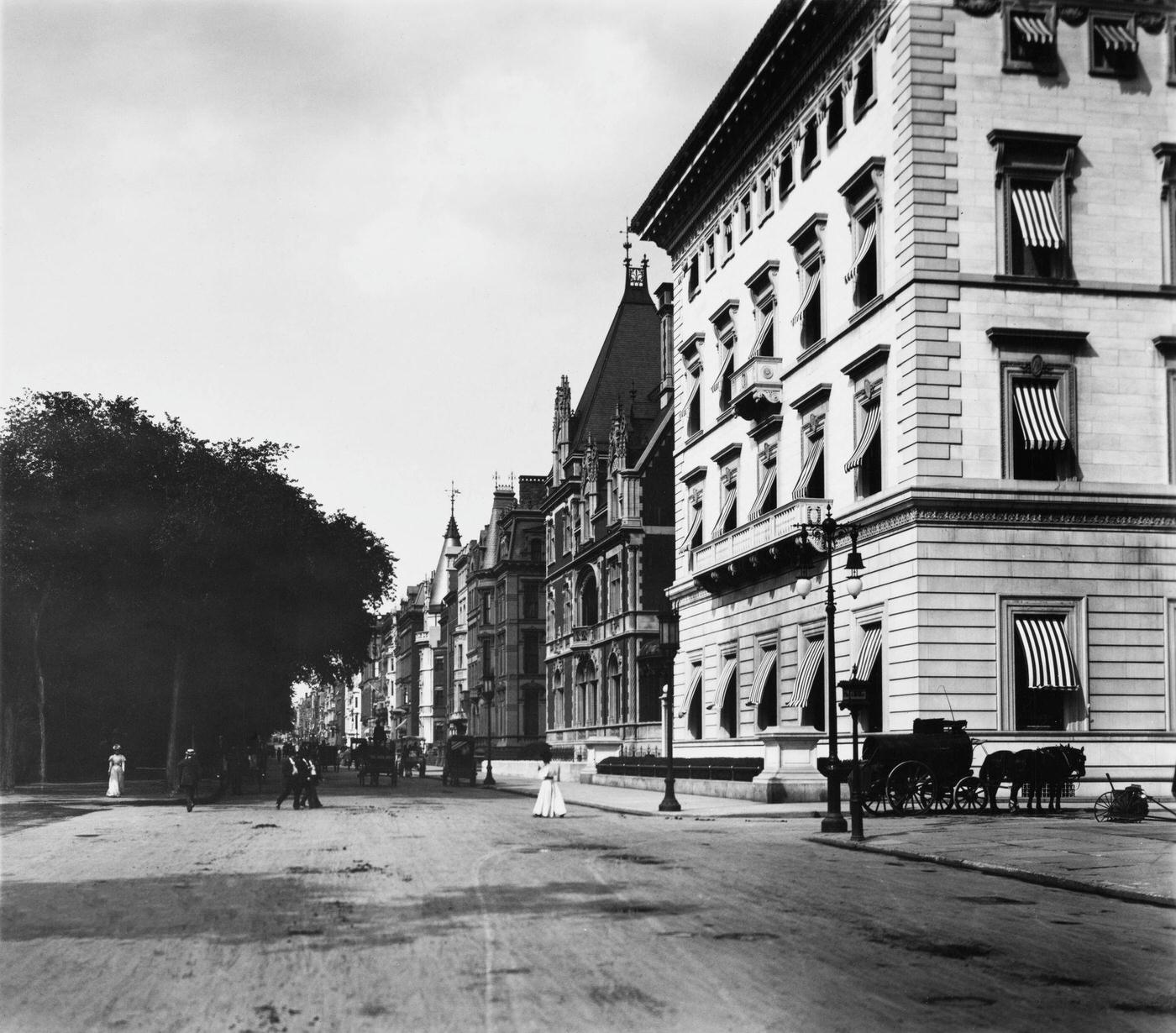 Metropolitan Club: Pedestrians And Horse-Drawn Carriages Outside The Clubhouse, Manhattan, New York City, 1895.
