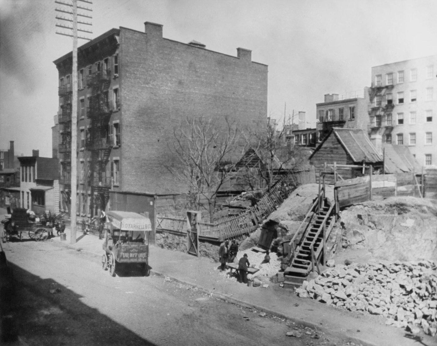 Hell'S Kitchen &Amp;Amp; Sebastopol: Carts Parked Along The Sidewalk, West Side Of Manhattan, New York City, 1895.