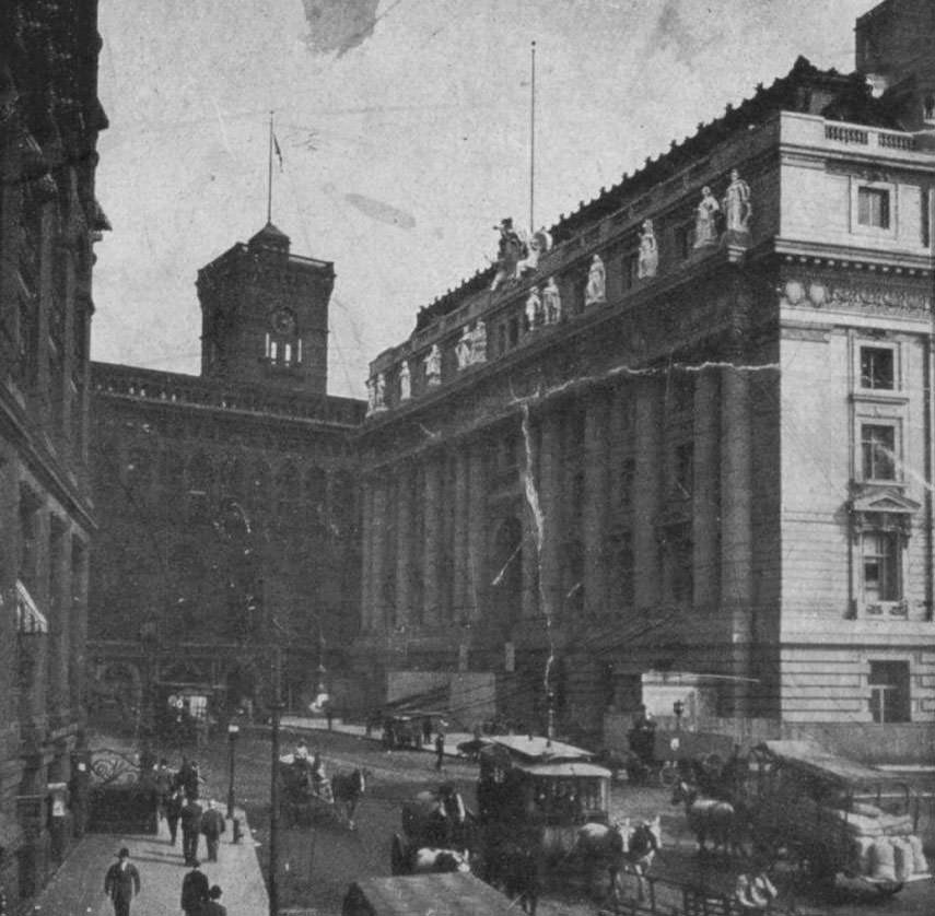 Alexander Hamilton Custom House: Portion Of The Building Along With Surrounding Builds, Cars, And People, New York City, 1890.