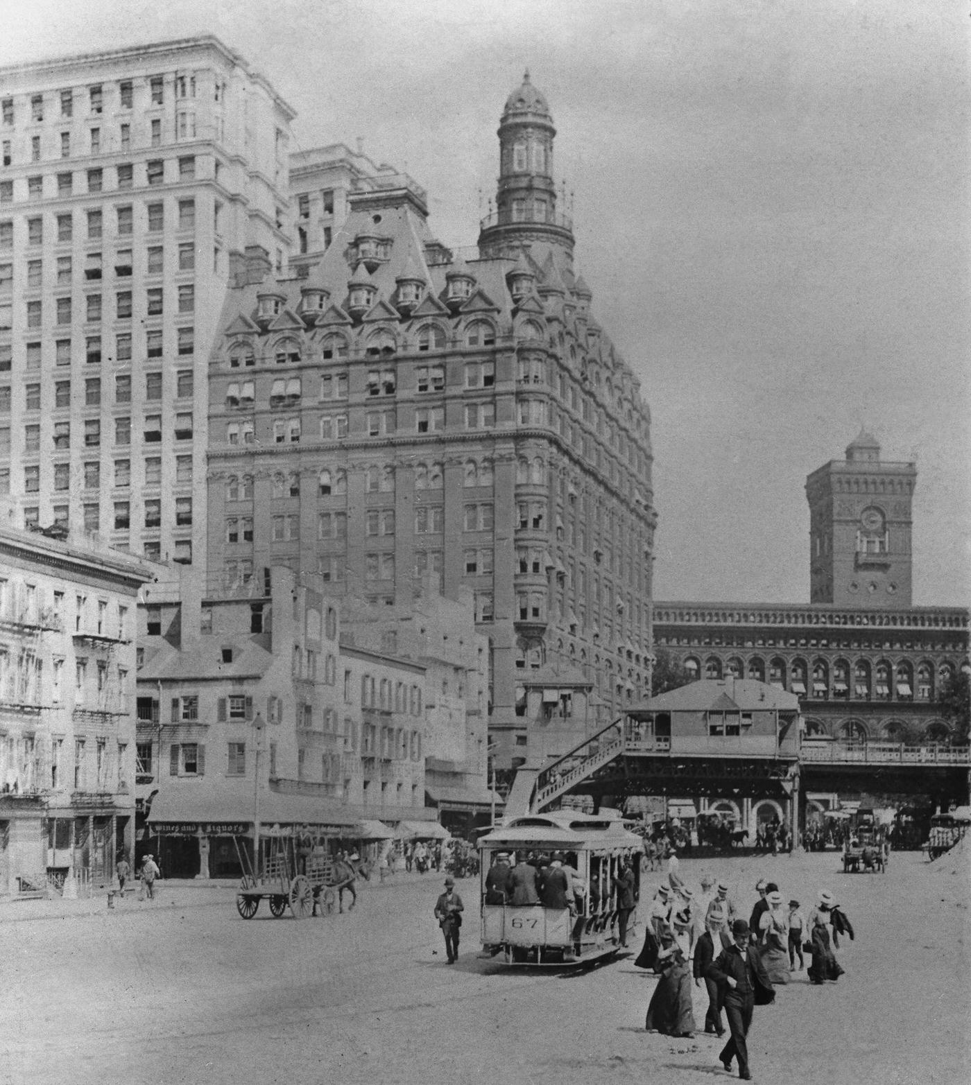 Washington Building, Battery Place: Pedestrians, Street Cars, And Horse-Carts, Lower Manhattan, New York City, 1890.