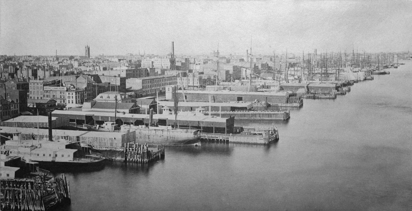 East River View, Lower Manhattan: Ships Moored Alongside Piers, Buildings Beyond, New York City, 1895.
