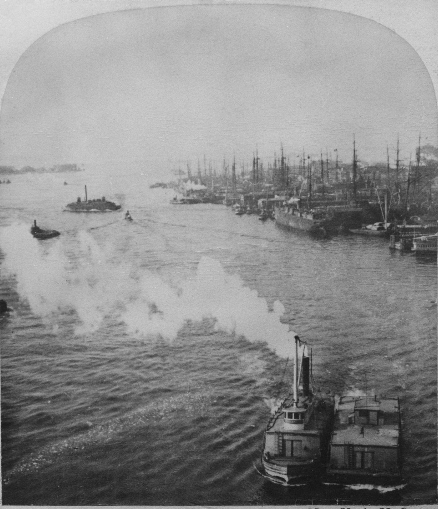 New York City Harbour: View From The East River Bridge, Lower Manhattan, New York City, 1895.