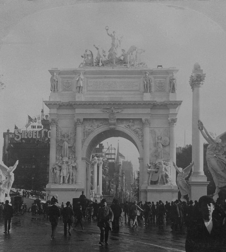 Dewey Arch: Pedestrians Gathering Around The Arch, Madison Square, Manhattan, New York City, 1899.