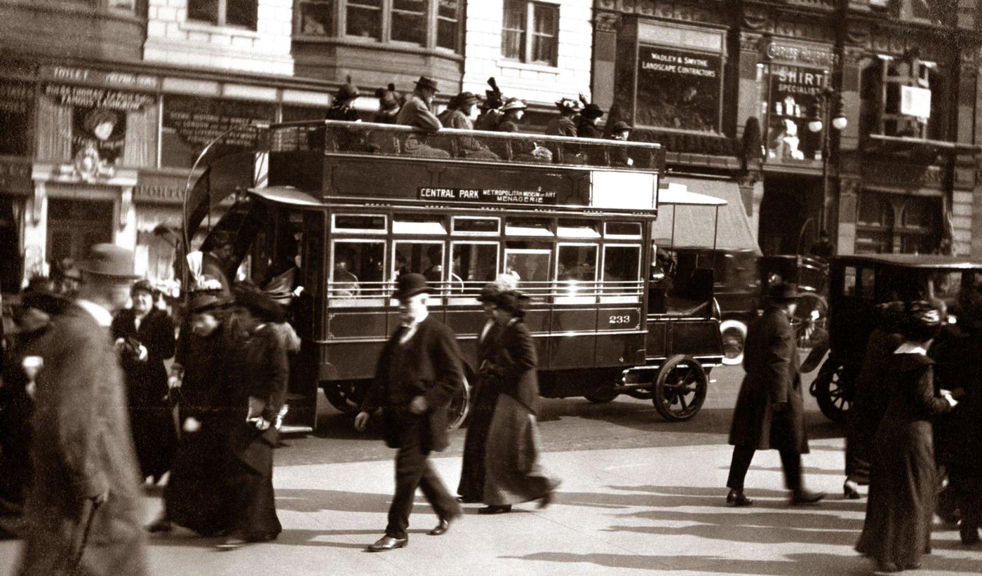 Pedestrians, Traffic, Cars, Double Decker Bus On Fifth Avenue, Turn Of 20Th Century, New York City, 1900