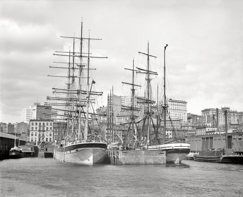 Shipping at East River docks. More maritime Manhattan, New York City, 1900