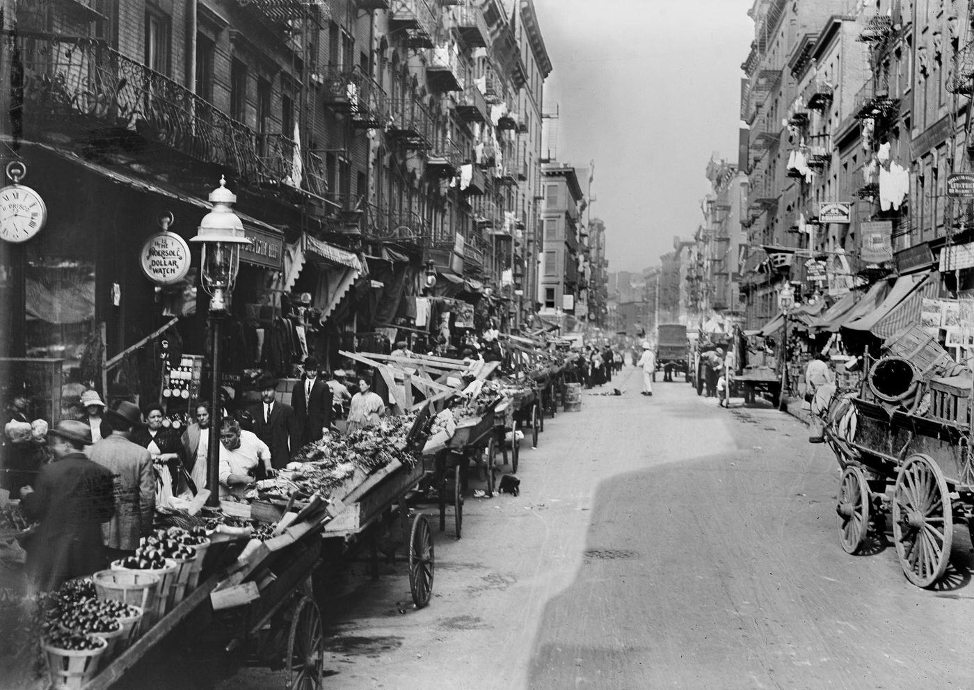 Italian Neighborhood With Street Market, Mulberry Street, New York City, 1900