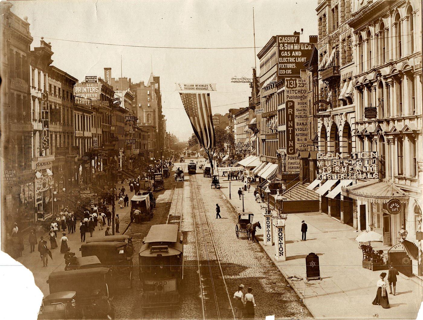 Summer Looking West on 23rd Street from Sixth Avenue, Bon Ton Music Hall on Right, New York City, 1900