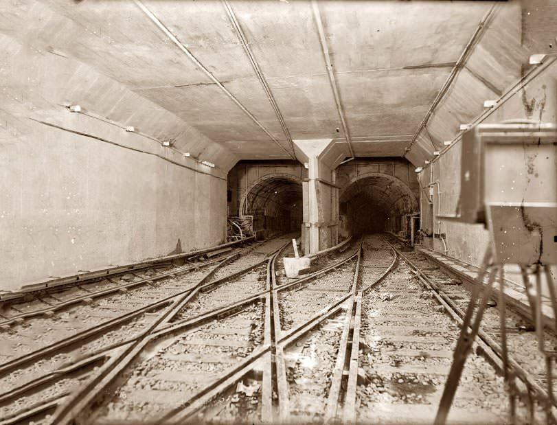 The Hudson & Manhattan Railroad tunnels under the Hudson River, shortly after their opening in 1908. The tunnels were used for the PATH train service between New Jersey and New York.