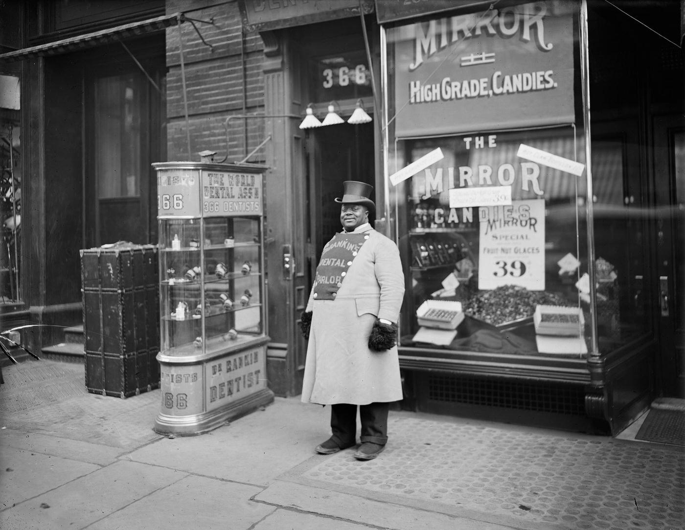 Man with Sign "Dr. Rankin's Dental Parlor" Attached to Coat, Fifth Avenue, New York City, 1900