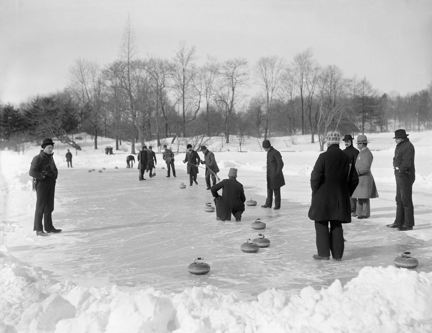 Group Of Men Curling, Central Park, New York City, 1900