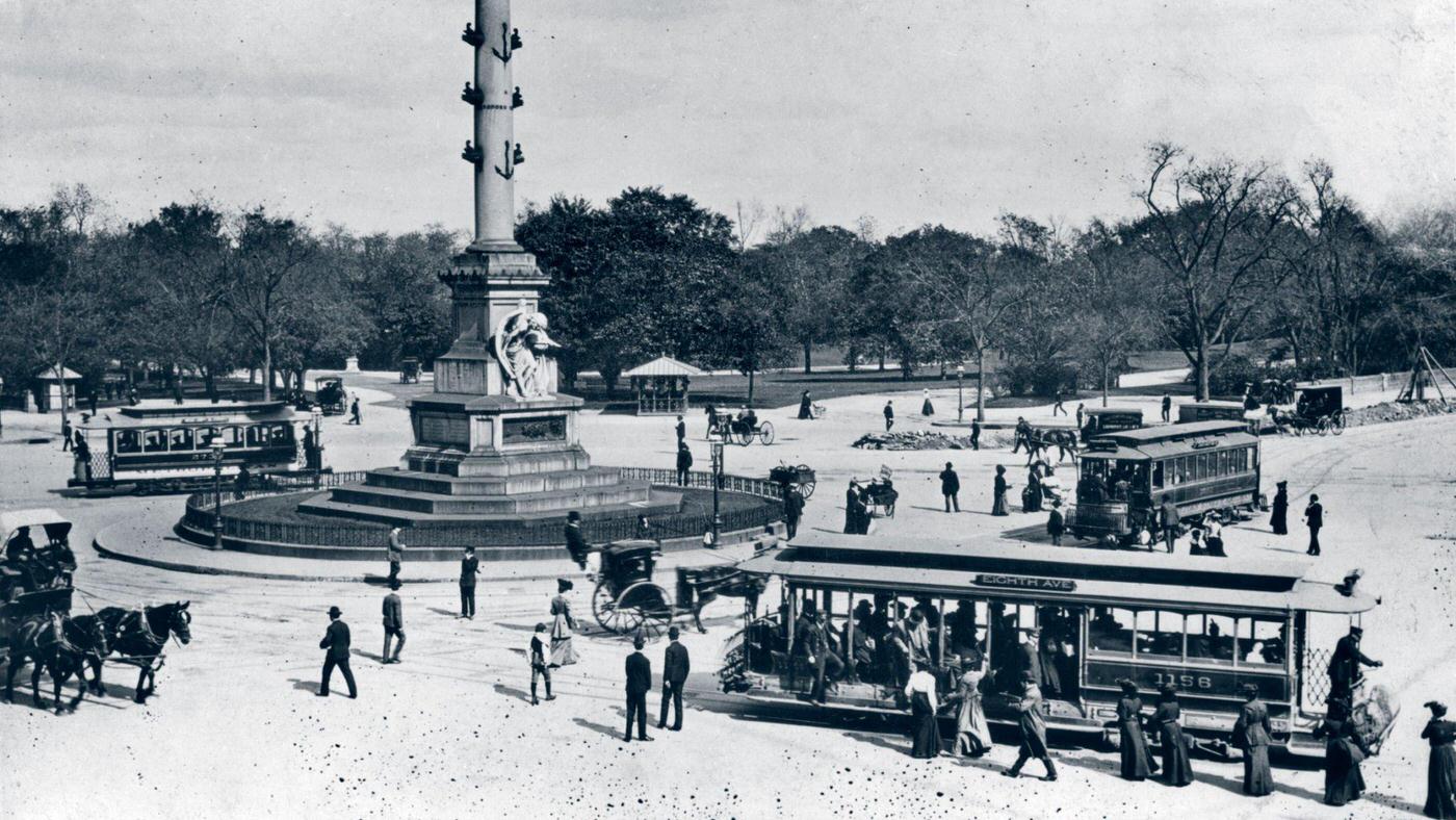 Columbus Circle Showing Entrance to Central Park, Trolley Cars, Horse-Drawn Carriages, Pedestrians, New York City, 1900s