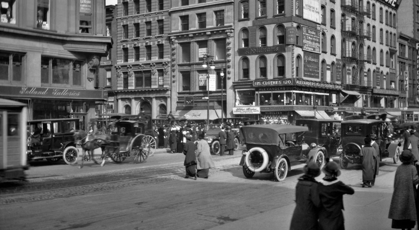 Fifth Avenue & 46th Street Traffic, Shops, Pedestrians, Shoppers, Cars, Busy Intersection, New York City, 1900s