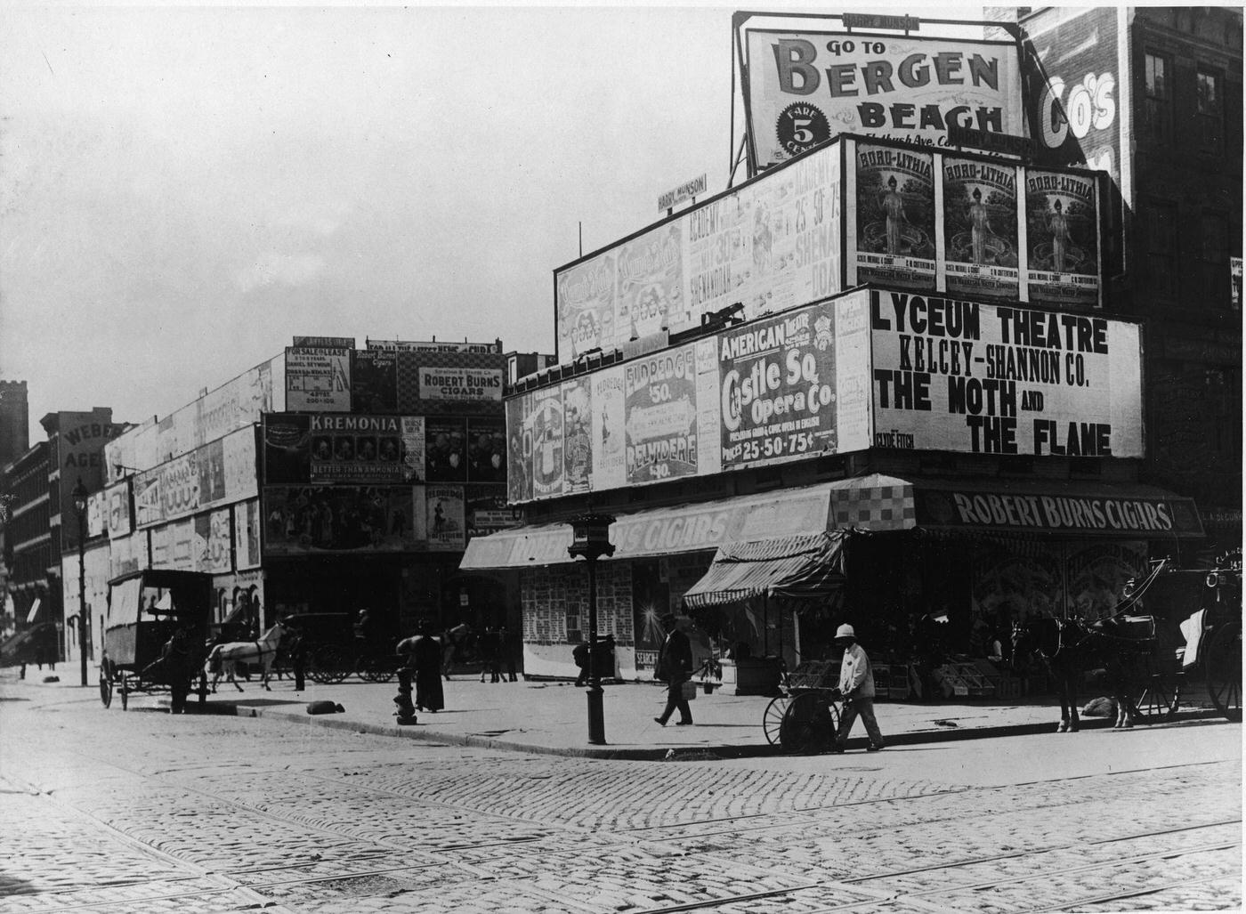 Broadway and 42nd Street with Cigar Store, Horsedrawn Carriages, Advertisements, New York City, 1900