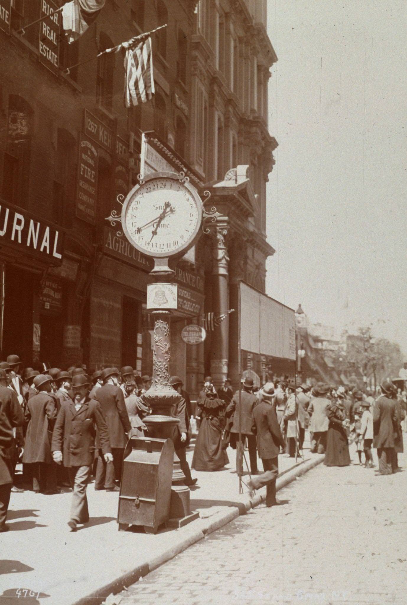 Pedestrians Walking Past A Clock, Facing North On Broadway And 32Nd Street, New York City, Circa 1900