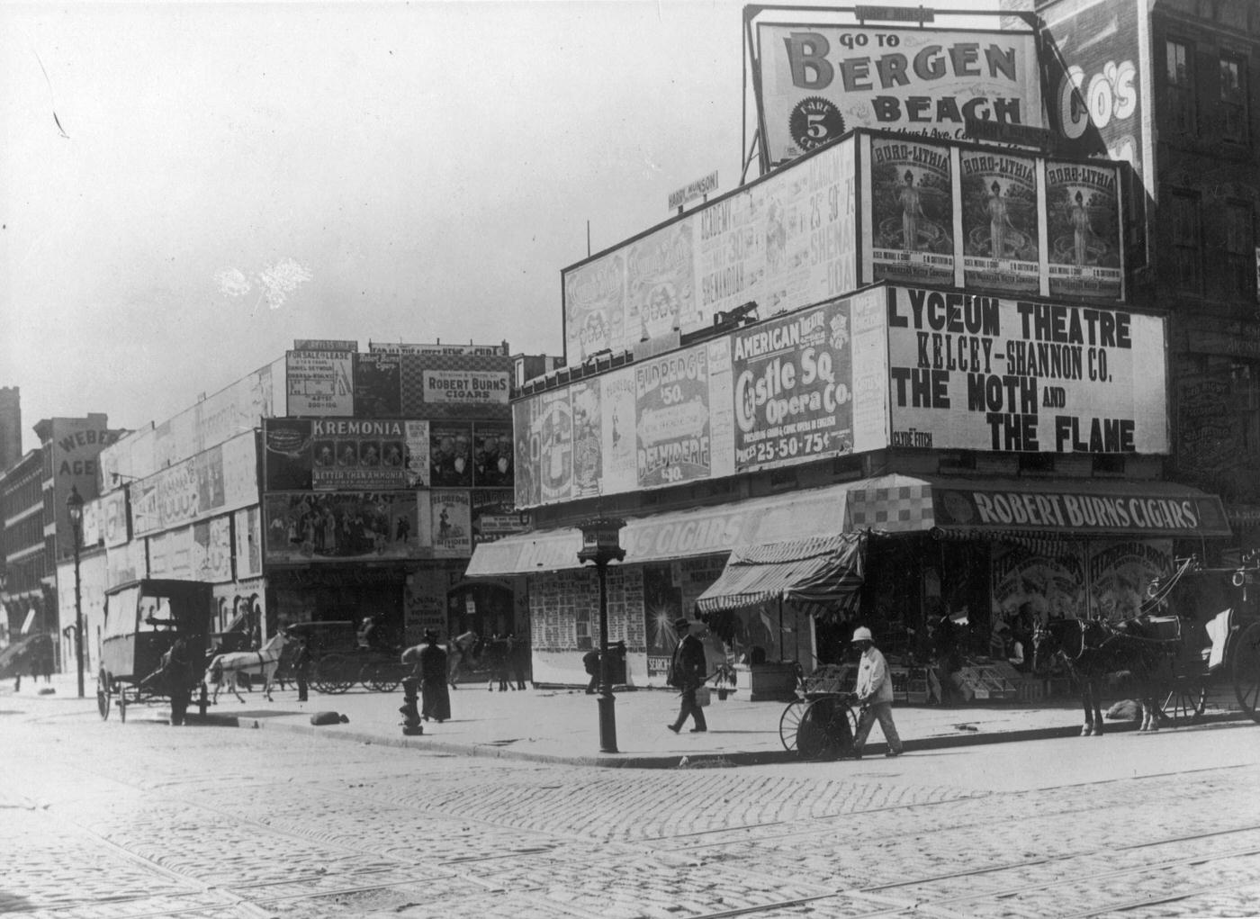 Intersection Of Broadway And 42Nd Streets With Billboards, Theatre Performances, Pedestrians, Horse-Drawn Carriage, Cobblestone Roads, Circa 1900