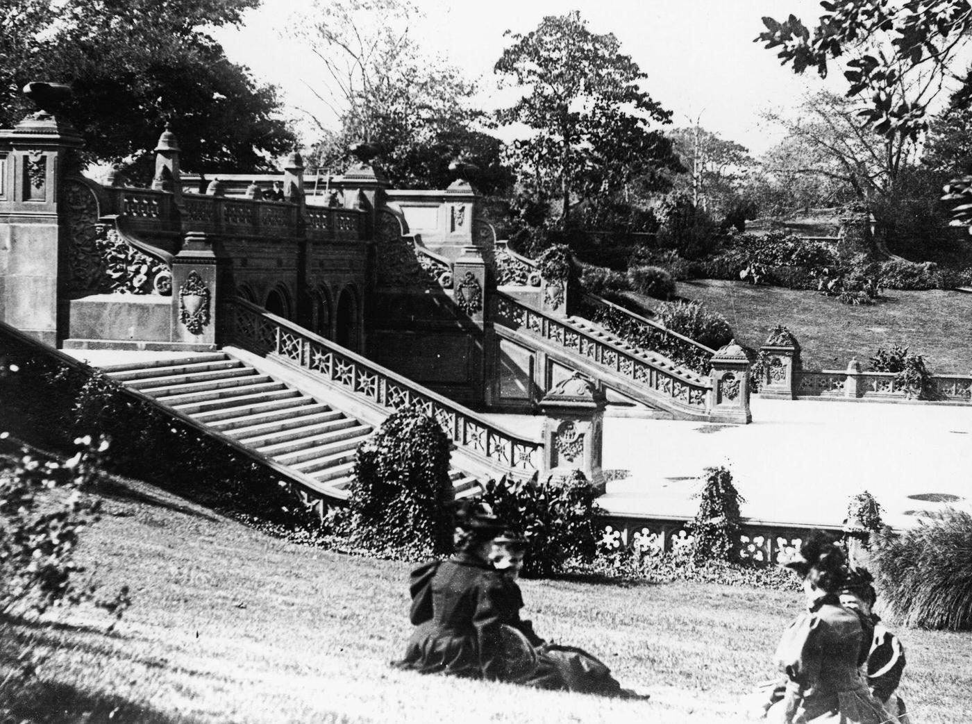 Women Sitting Near The Formal Stairs Leading To Bethesda Terrace In Central Park, New York City, Early 1900S