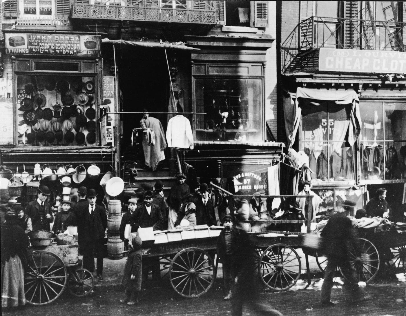 Street Scene at 57 Hester Street and 55 Hester Street on the Lower East Side, Manhattan, New York City, circa 1900