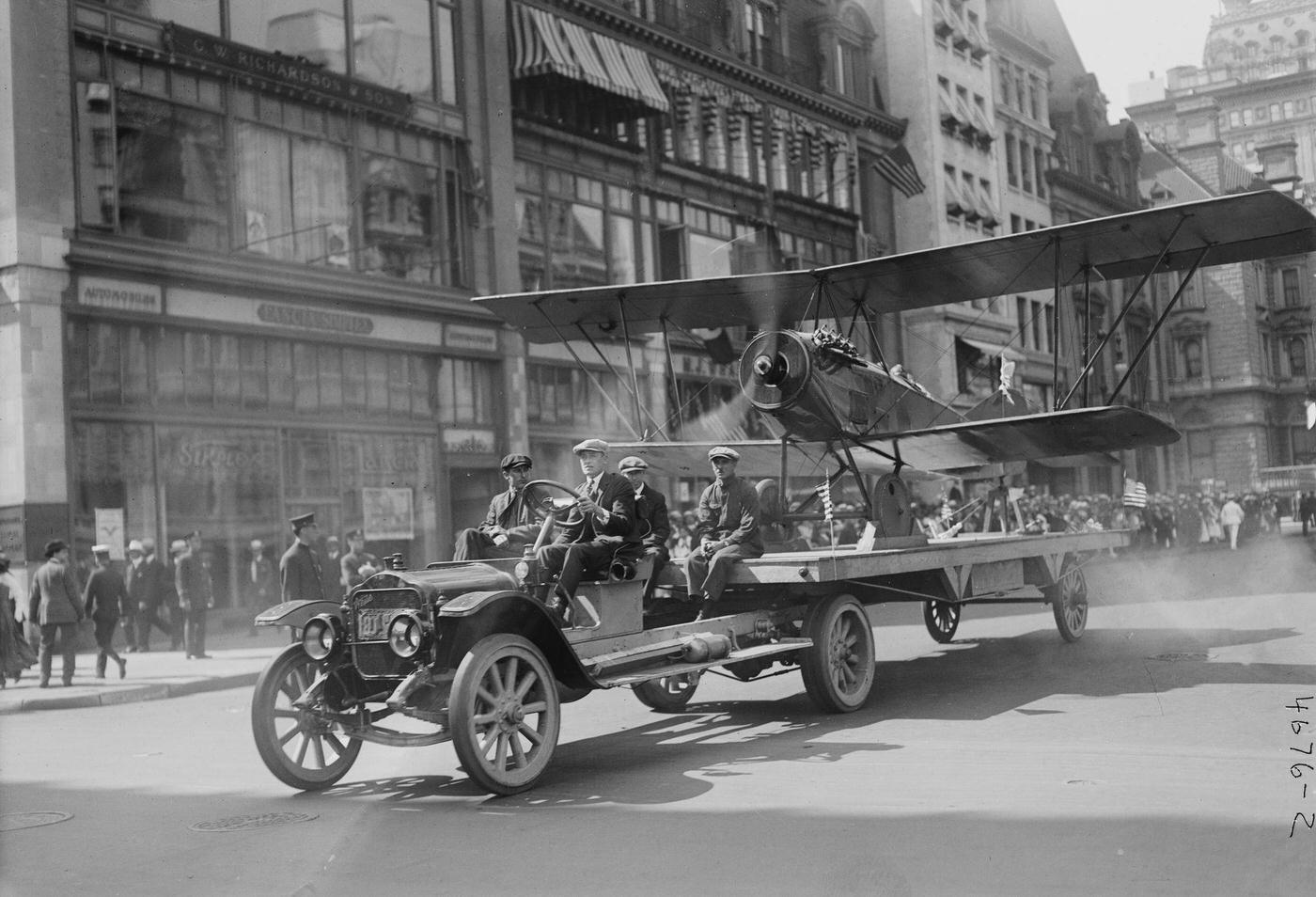 Biplane Towed Down Fifth Avenue for July 4th Parade, New York City, circa 1900