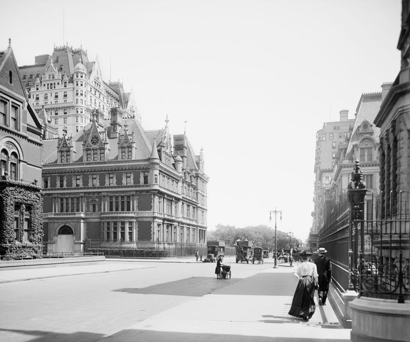 Fifth Avenue Street Scene Looking North, Cornelius Vanderbilt Mansion On Left, Plaza Hotel In Background, New York City, 1910