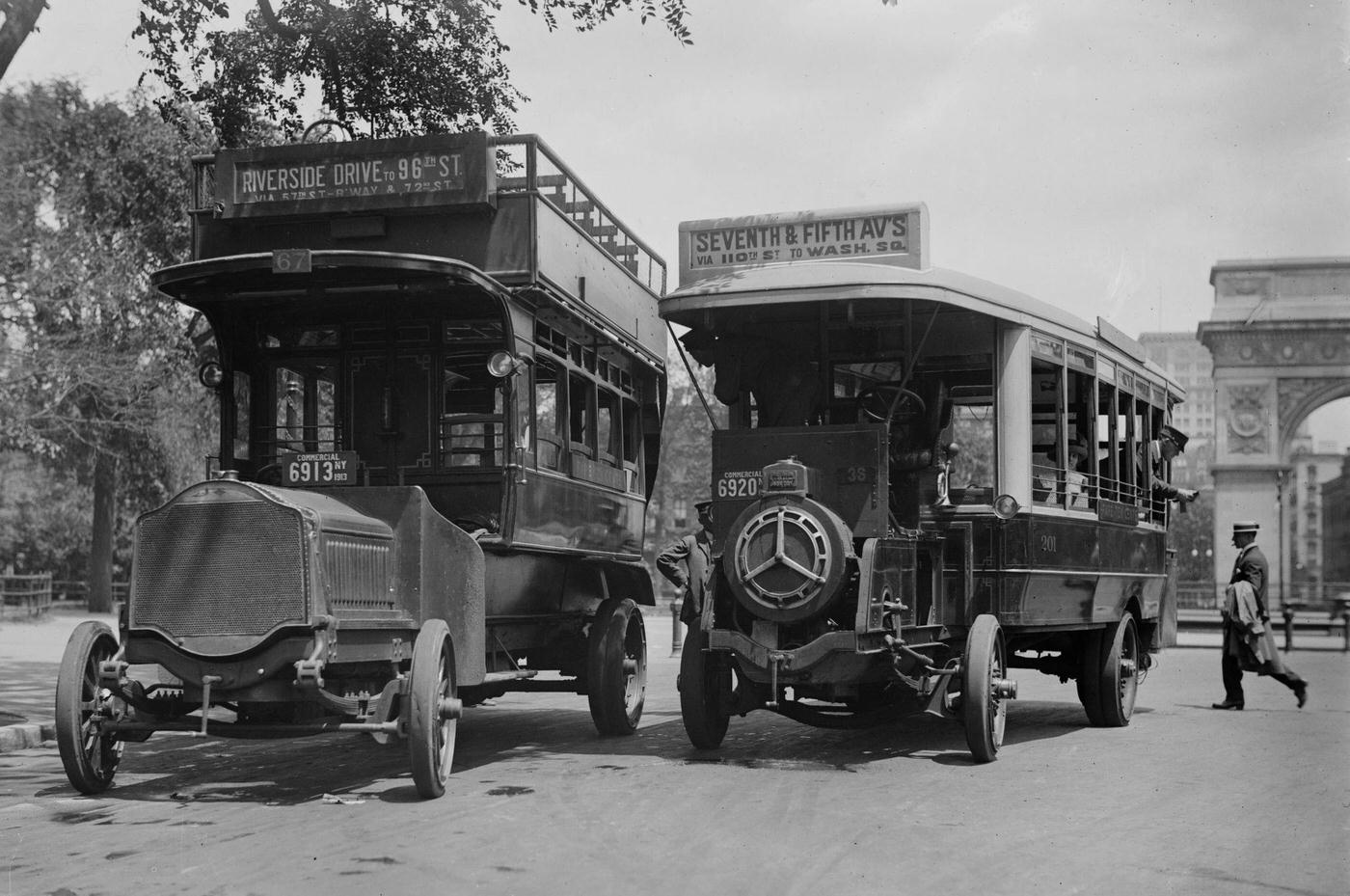 Buses On Fifth Avenue, Including One Made By De Dion-Bouton Of France; Washington Square Arch In The Background, New York City, 1913